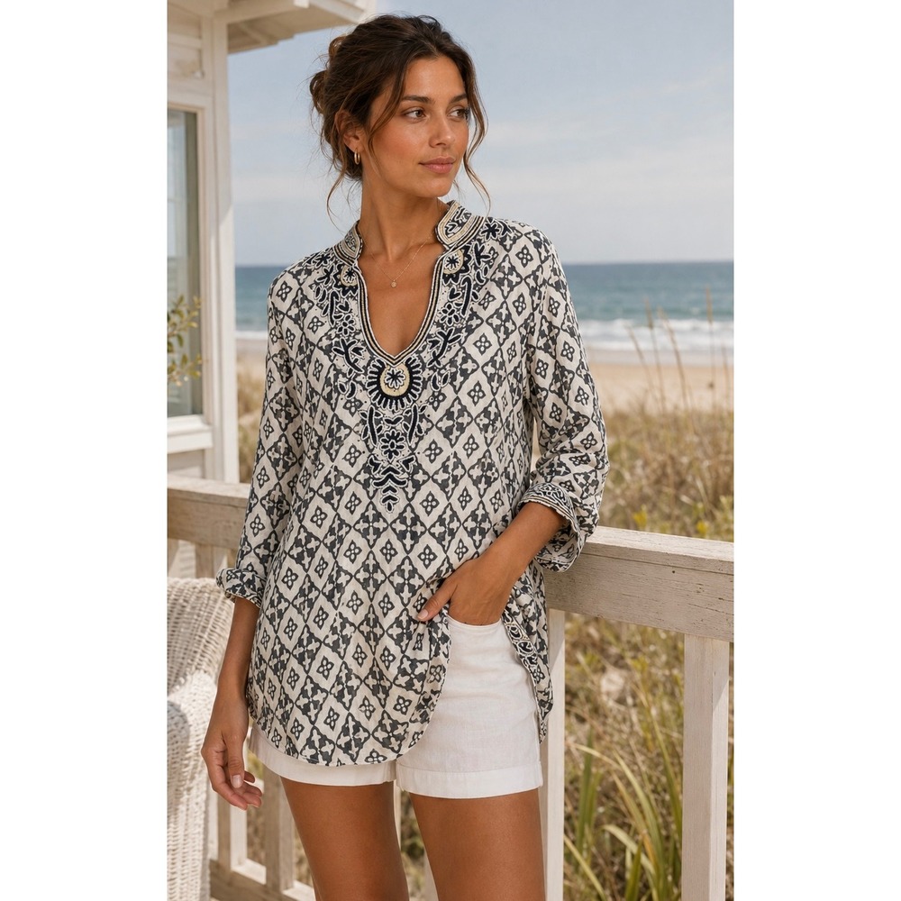 Barbara Gerwit Linen Tunic Top Black White‎ Embroidery Beaded Golden Girl Small